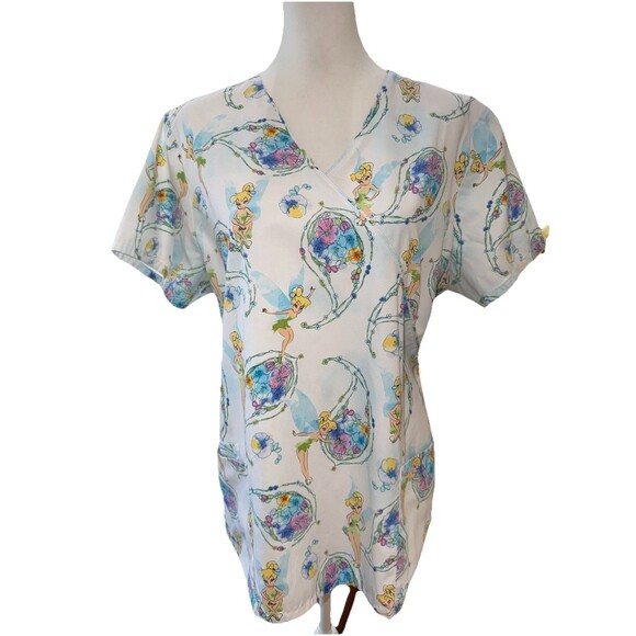 Disney Tinker Bell Scrub Top Women’s L Large White V-Neck Nurse Uniform Pockets - Picture 1 of 11